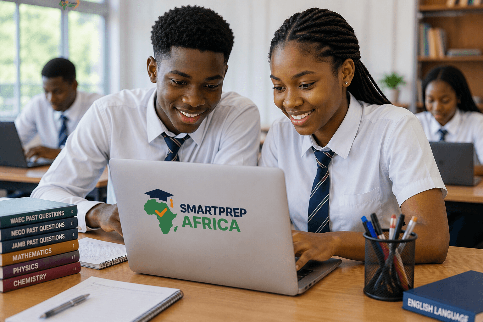 Two secondary school students in uniform reviewing a lesson together on a laptop in class